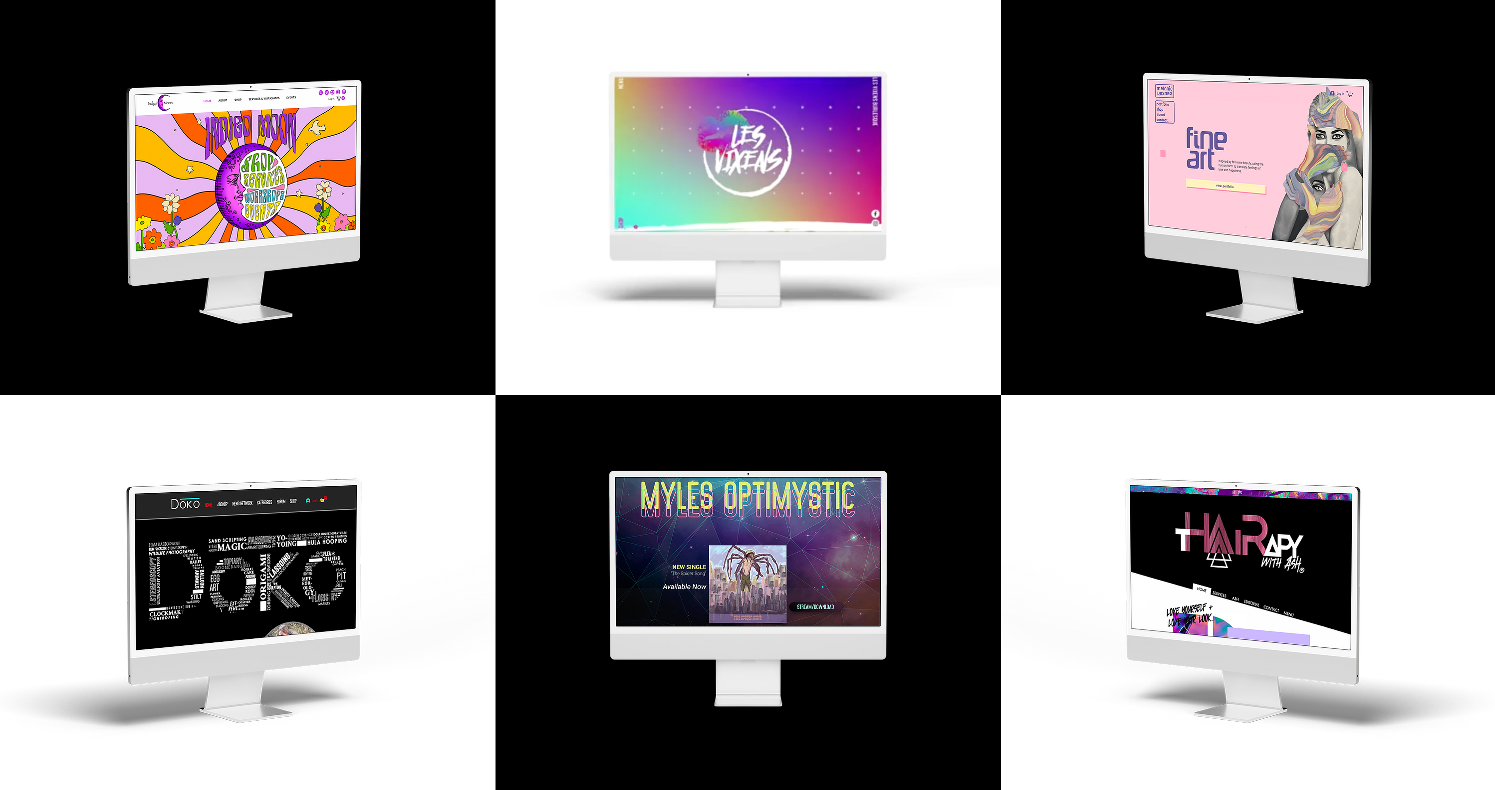 Six desktop computer screens displaying various website designs for clients with Manic Theory.