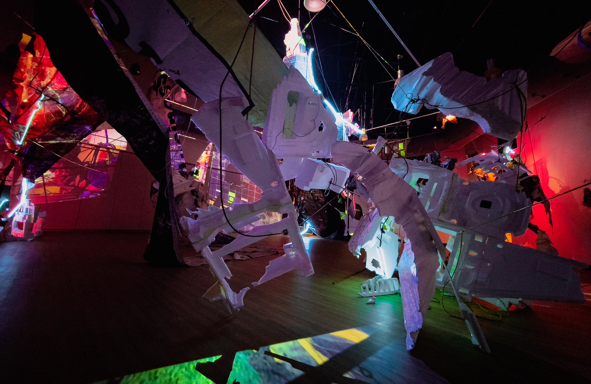 installation art made from discarded objects and video projection