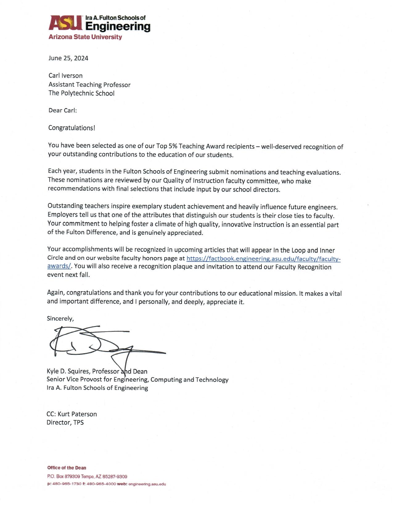 June 2024 - ASU Top 5% Teaching Award Recognition Letter