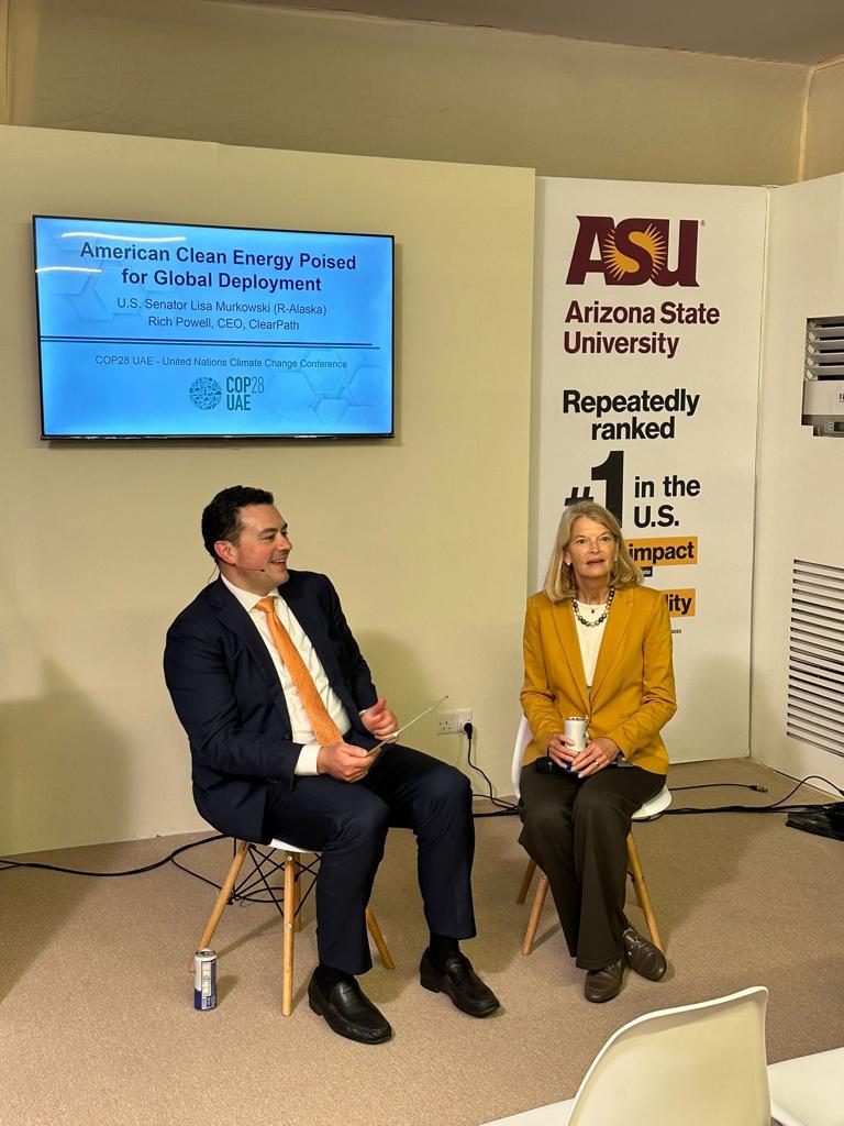 Rich Powell interviews Sen. Lisa Murkowski for the Walton Service at the ASU COP28 Pavilion