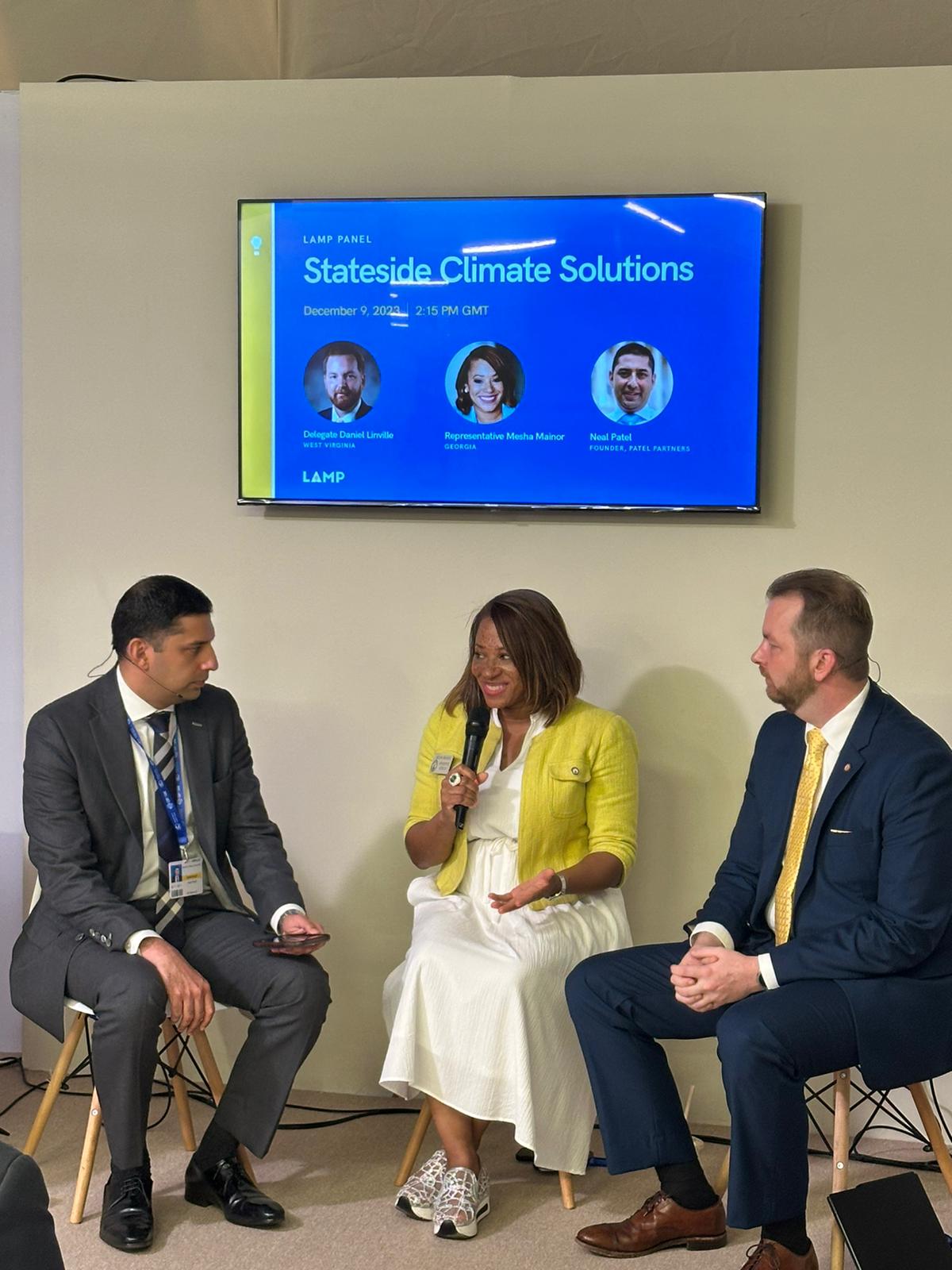 Neal Patel, Rep. Mesha Mainor, and Del. Daniel Linville discuss State and Local Climate Solutions at the ASU Pavilion at COP28