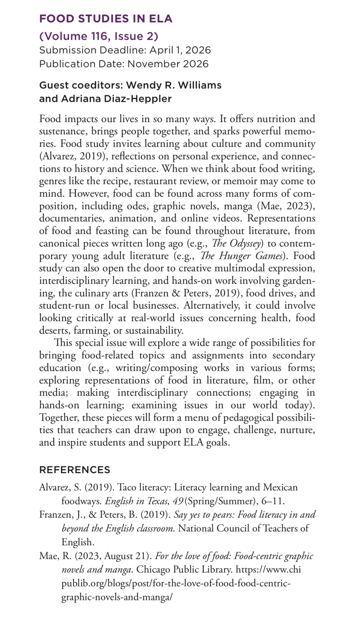 Food Studies in ELA - English Journal Call for Manuscripts