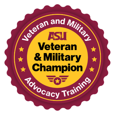 A badge indicating training in Veteran and Military Advocacy at ASU