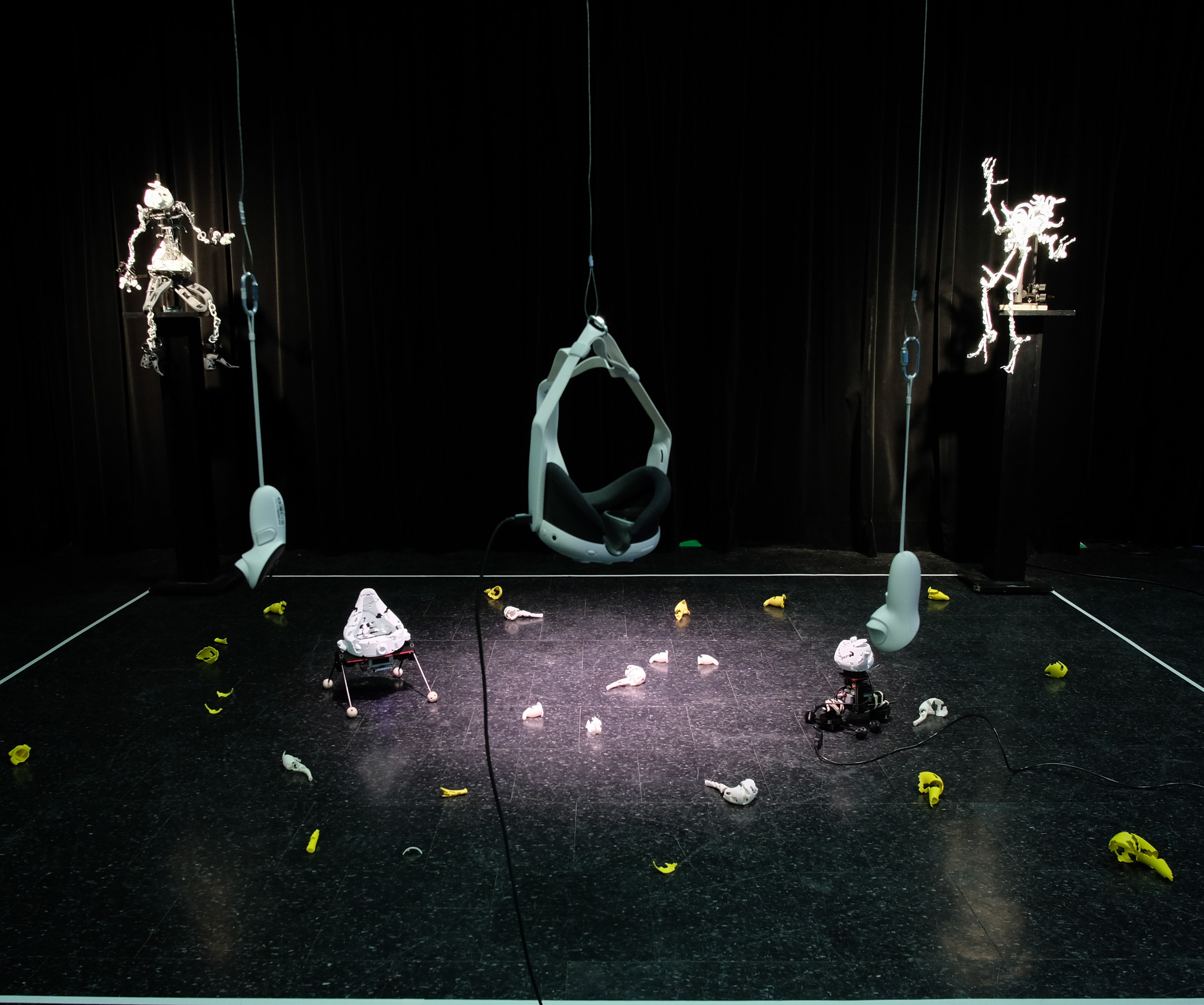 multimedia installation involving robotics, stop motion puppets, and VR headset