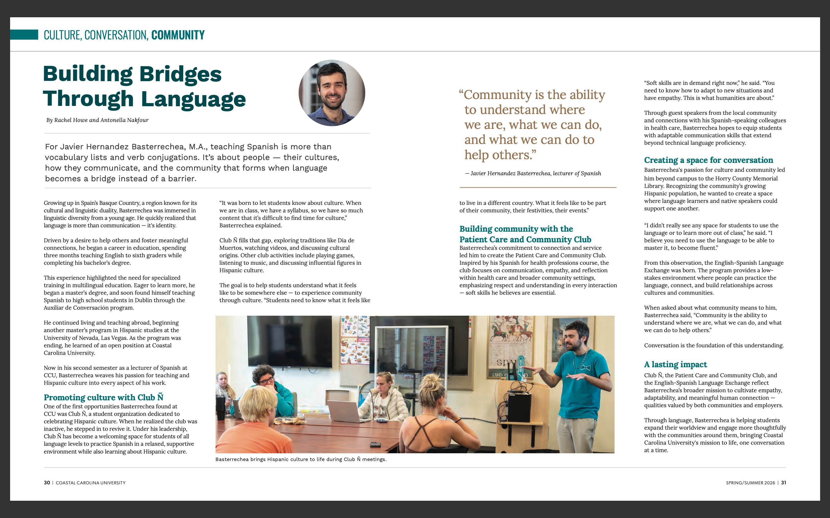 Coastal Carolina University Magazine article highlighting a lecturer’s work in language education, cultural engagement, and community-building programs, displayed across a two-page magazine spread.