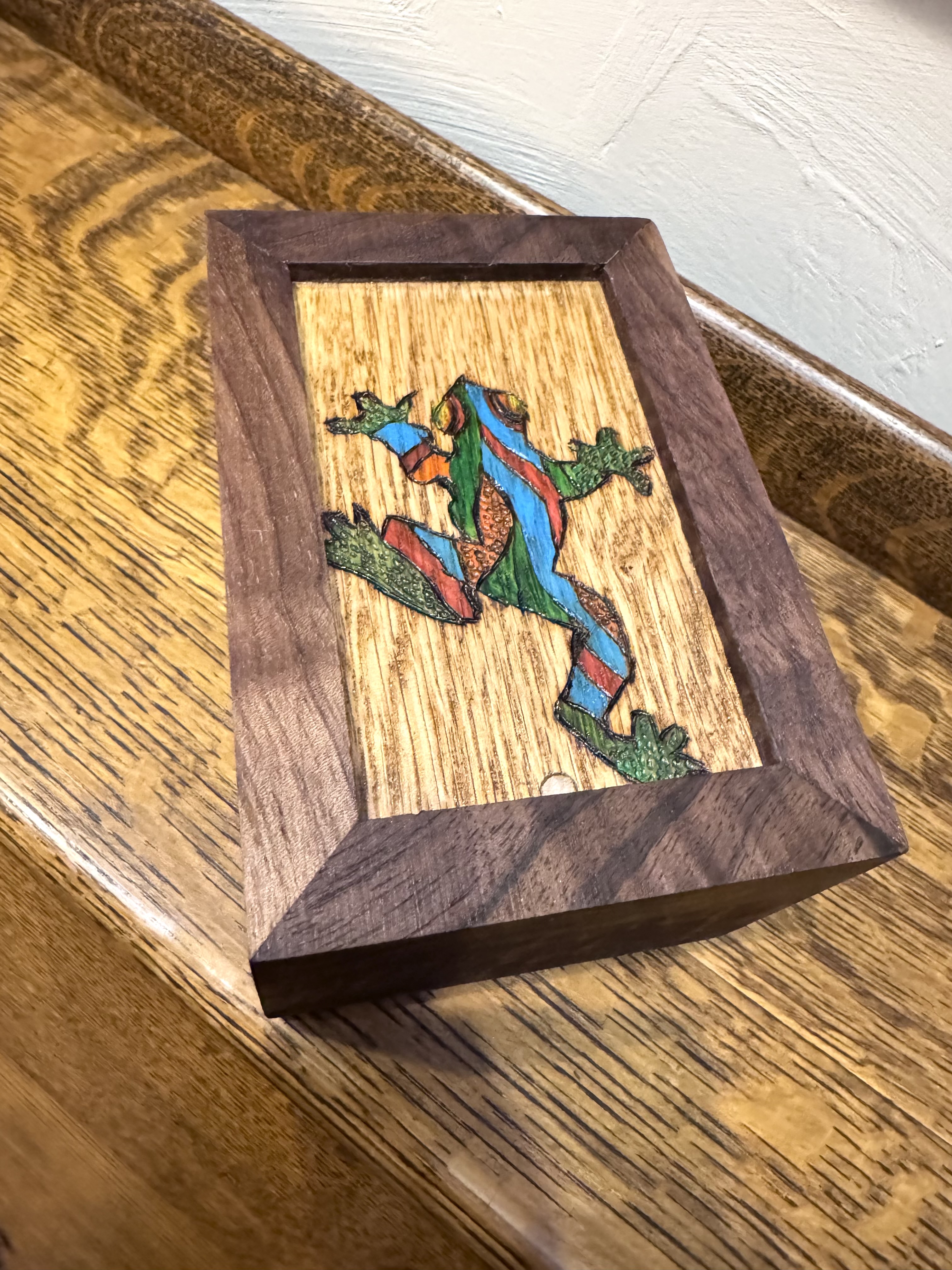 Walnut box with frog pyrography art