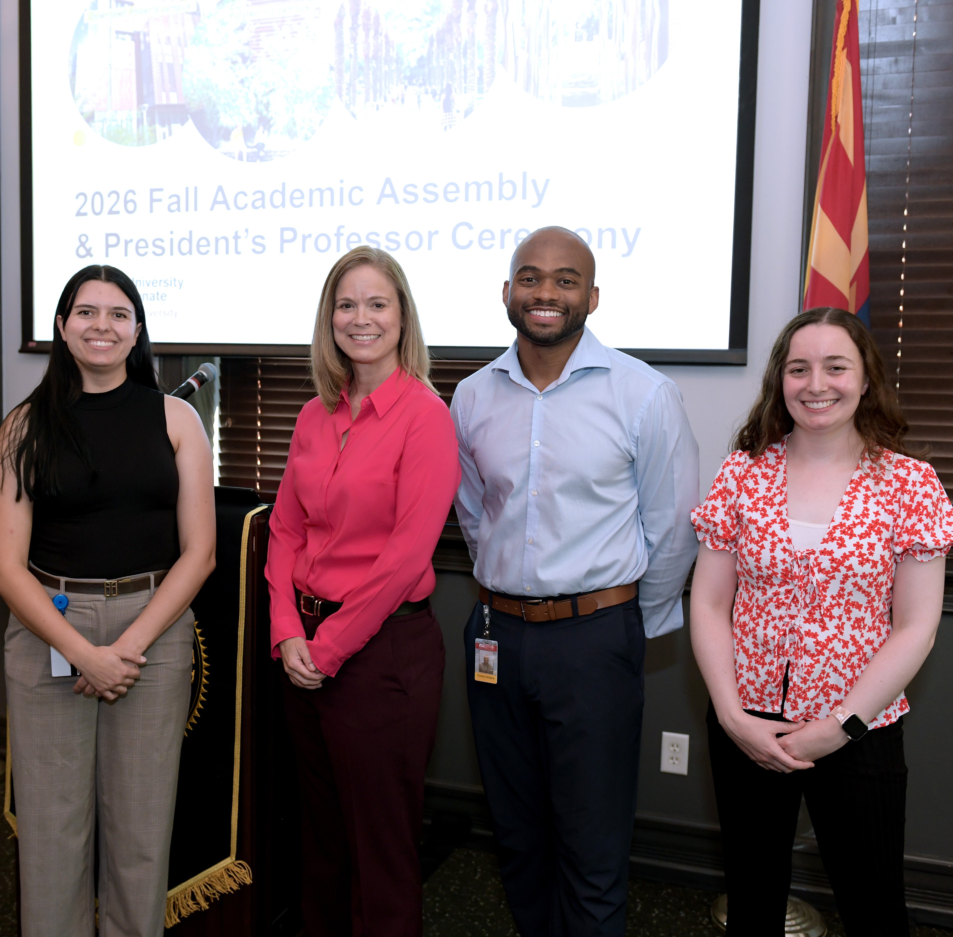 Picture of Dr. Shelley Haydel and lab memebers Lauryn Langford, Tim Williams, and Jaycee Glover at ASU President's Professor Award Ceremony 2026
